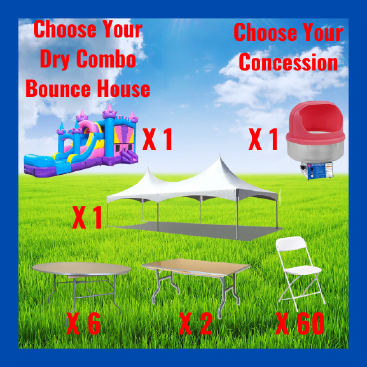 Tent Package For 60 Guest and a Dry Combo Bounce House