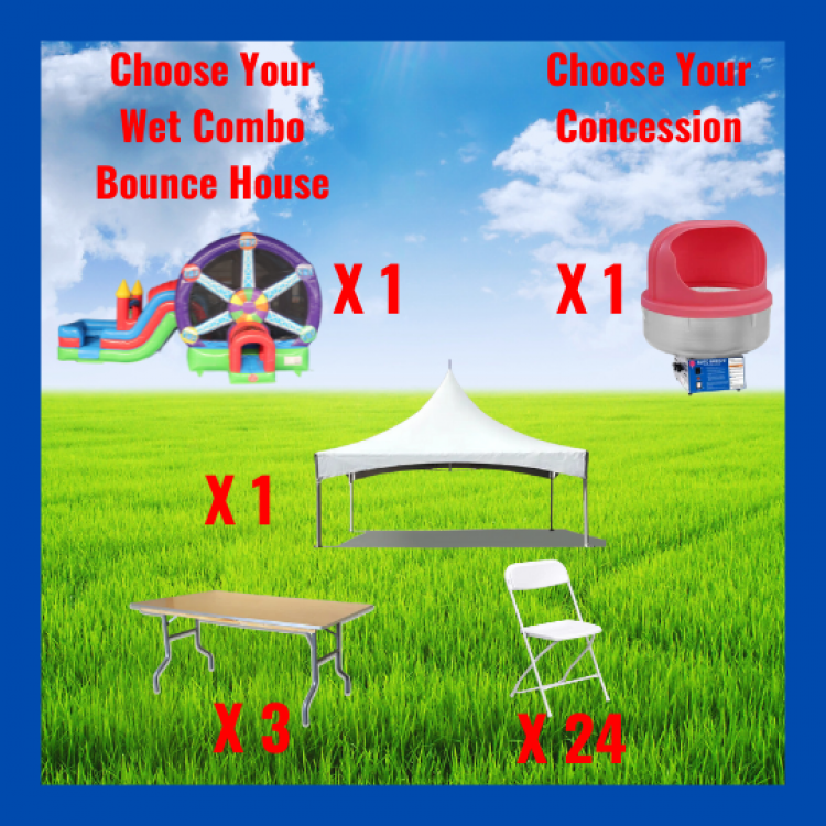 Tent Package For 24 Guest and a Wet Combo Bounce House