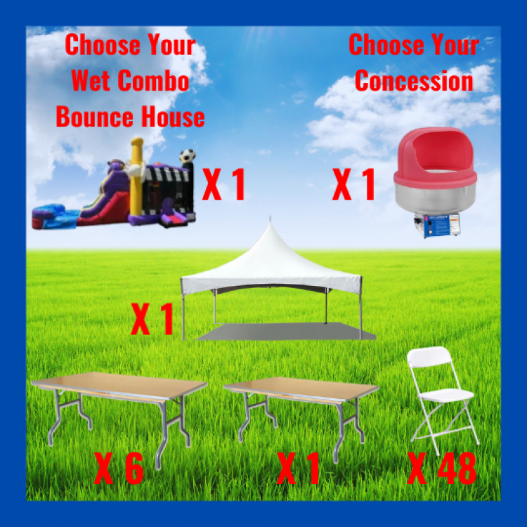 Tent Package For 48 Guest and a Wet Combo Bounce House