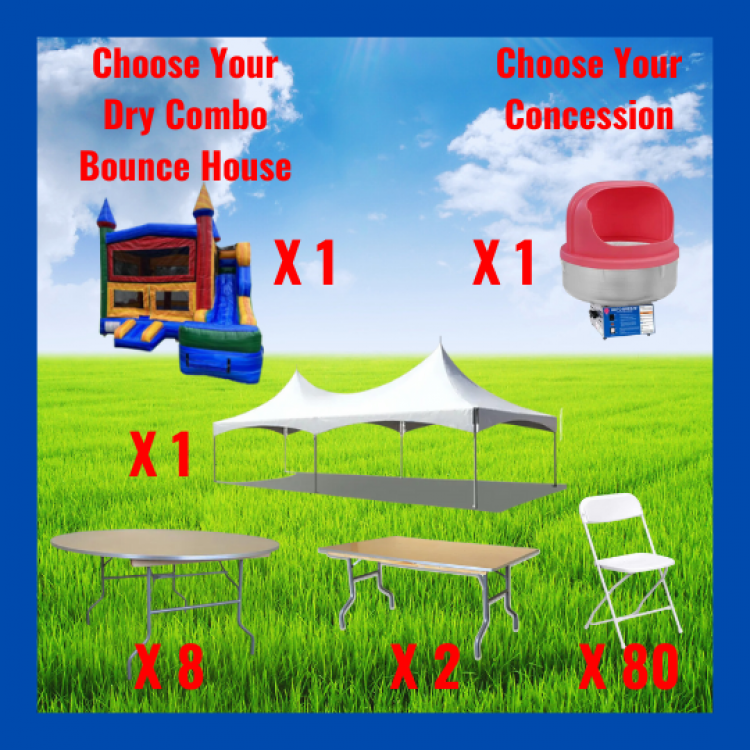 Tent Package For 80 Guest and a Dry Combo Bounce House