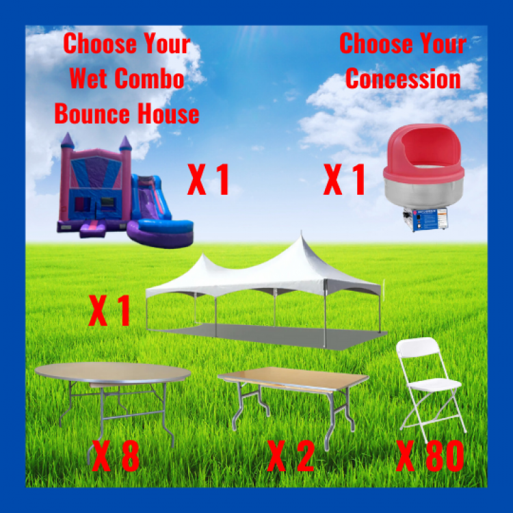 Tent Package For 80 Guest and a Wet Combo Bounce House