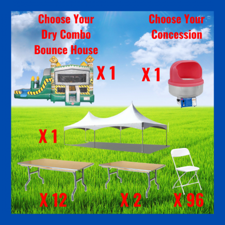 Tent Package For 96 Guest and a Dry Combo Bounce House