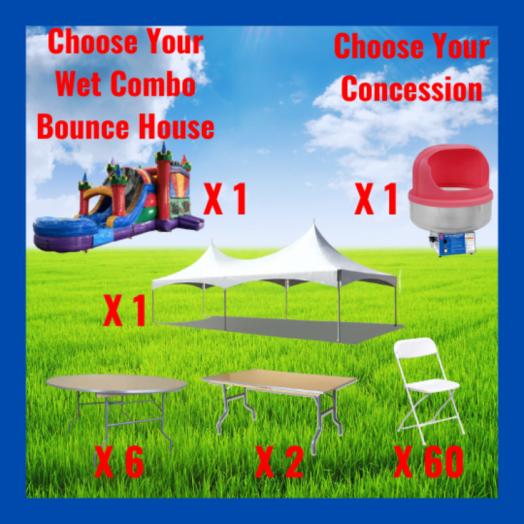 Tent Package For 60 Guest and a Wet Combo Bounce House